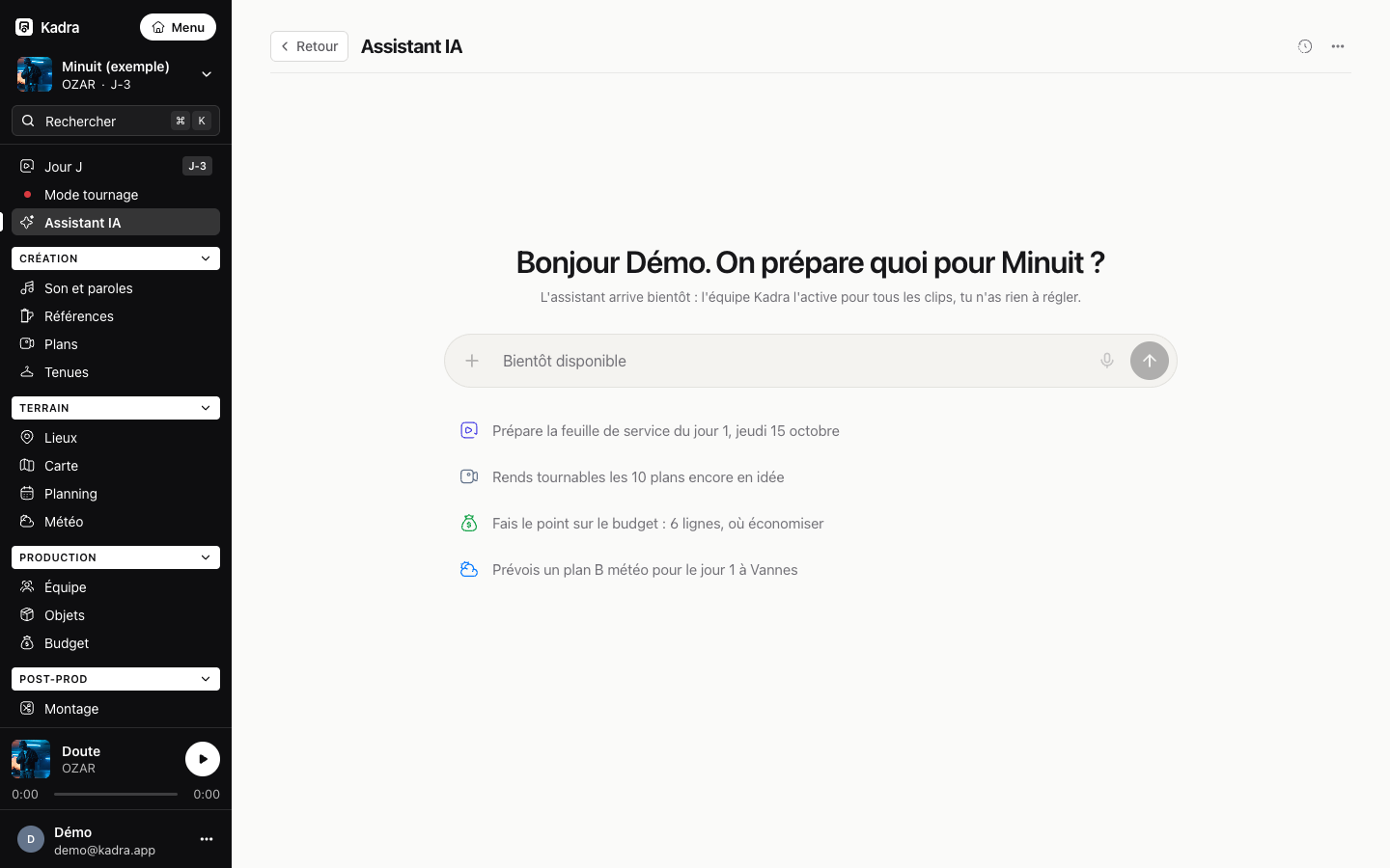 Kadraz, écran Assistant IA