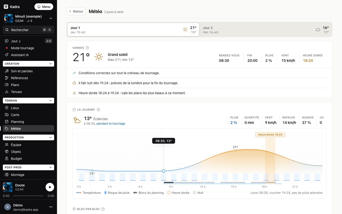 Kadraz, écran Météo et heure dorée