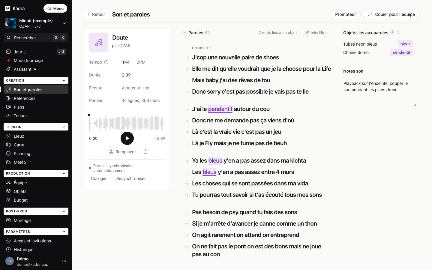 Kadraz, écran Son et paroles